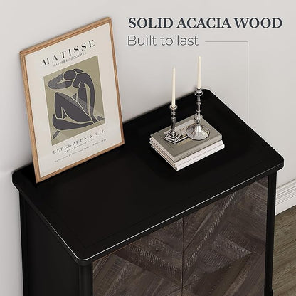 Lenia Solid Wood Storage Cabinet with Diamond Pattern Doors, Rustic Farmhouse Accent Cabinet for Living Room, or Entryway, Durable Acacia Wood, Mocha Black