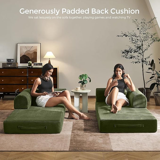 79" Convertible Sofa Bed with Fixed-Shape Frame & Removable Armrests, Modular Corduroy Sleeper Sofa, Folding Mattress Couch for Small Spaces - No Assembly Needed in Green (Includes 2 Pillows)