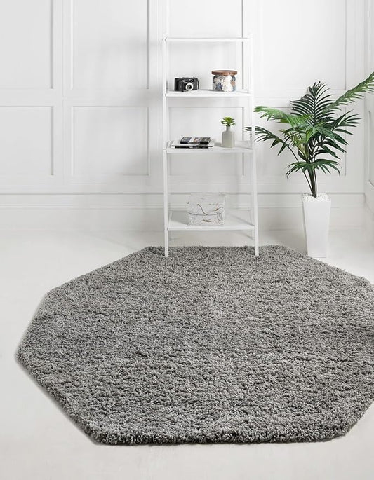 Unique Loom Solid Shag Collection Area Rug (6' 1" Octagon, Cloud Gray)