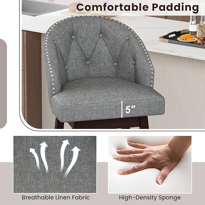COSTWAY Bar Stools Set of 4, 31’’ Swivel Bar Stools with Rubber Wood Legs & Padded Back, Breathable Linen Fabric, Stylish Tufted Design & Rivet Decoration, Adjustable Foot Pads (4, Grey + Brown)