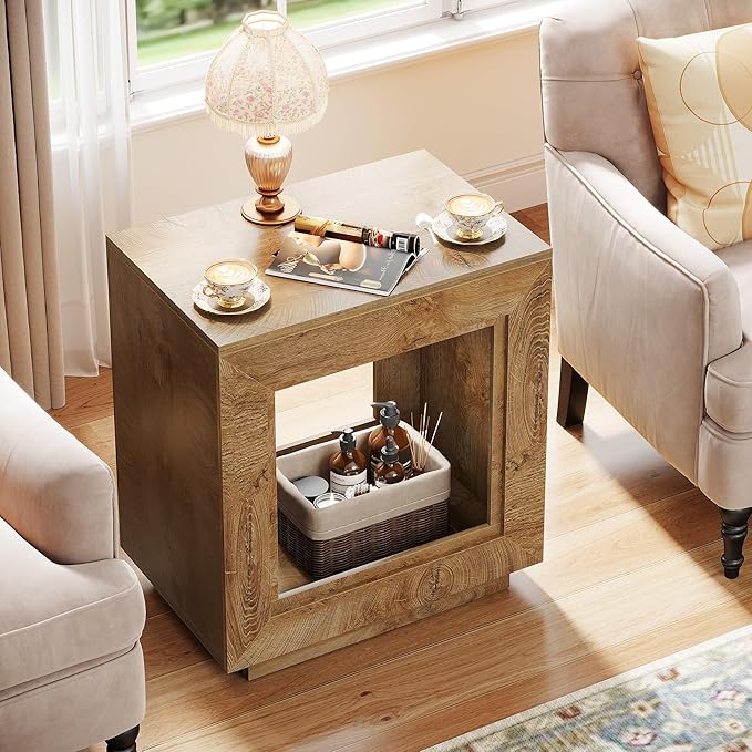 Tribesigns Rustic Wood End Table, 2 Tiered Square Side Table with Storage Shelf, Industrial Sofa Side Table for Living Room, Entrance (2, Natural)
