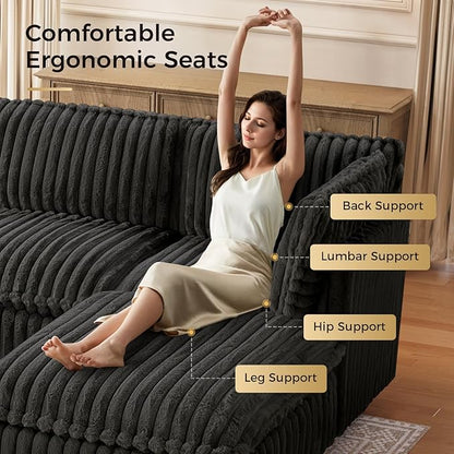 KKL Modular Sectional Couch for Living Room, U Shaped Corduroy Couches with 2 Ottomans, 5 Seater Oversized Sofa Convertible to L Shaped, Soft Fabric Modern Sofa, Black