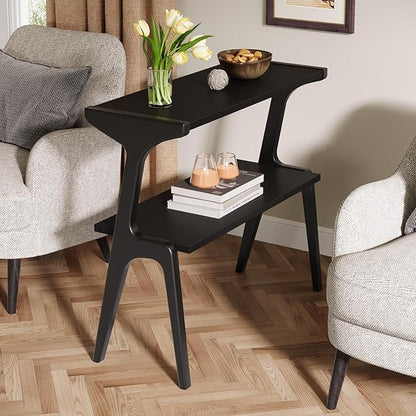 Tribesigns Set of 2 Solid Wood Side Table, 2-Tier Modern Slim Couch Side Table with Storage Shelf, Sofa End Table with Deer-Shaped Legs for Living Room, Skinny Bedside Nightstand for Bedroom, Black