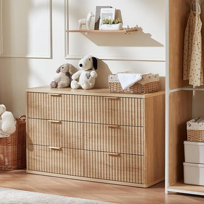 LEYAOYAO Fluted 6 Drawers Dresser Set of 2, 48" Wide Modern Chest of Drawers with Wood Grain Top, Curved Profile Design, Dresser TV Stand, Wooden Drawer Organizer for Bedroom, Living Room,Natural