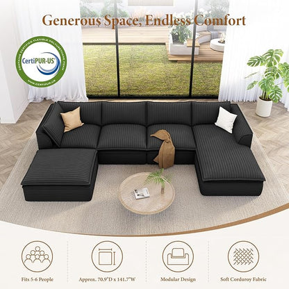 Vesgantti 141.7" U Shaped Sectional Boneless Couch, Modern 6 Seater Modular Sofa with Chaise & Ottoman, Deep Seat Plush Corduroy Cloud Couches for Living Room, No Assembly Required, Dark Gray