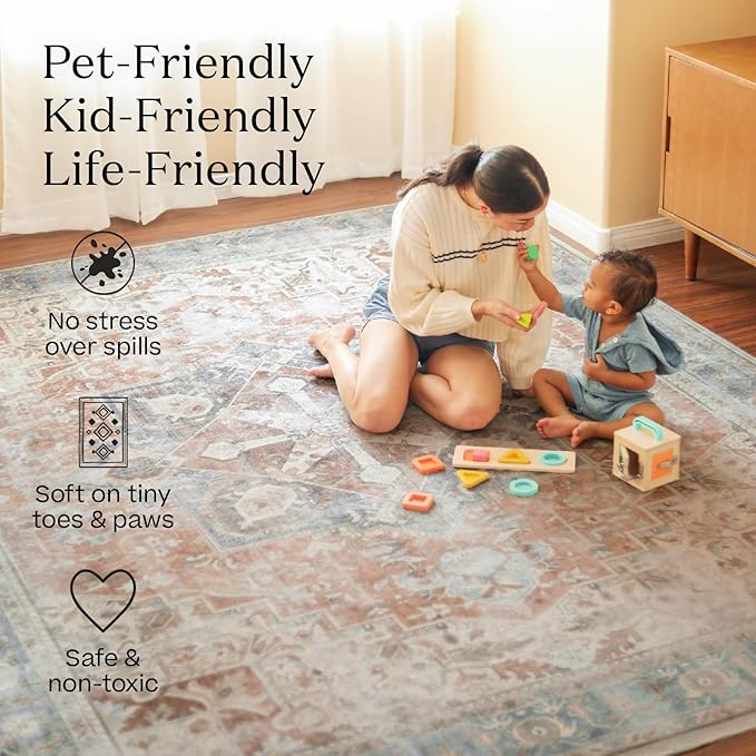 RUGGABLE Washable Vintage Area Rug – Verena Teal Blue 2x3, Stain-Resistant, Non-Slip – Small Machine Washable Rugs for Living Room, Bedroom, Hallway, Entryway & Bathroom–with Cushioned Pad
