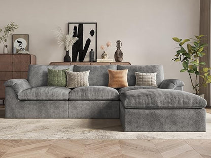 EASE MOOSE Oversized Sectional Cloud Couch for Living Room, L-Shaped Modular Boneless Sofa, Cloud Sofa Set with Fluffy Foam, 4-Seat Deep Comfy Sofa with Ottoman for Bedroom Apartment, Chenille (Grey)