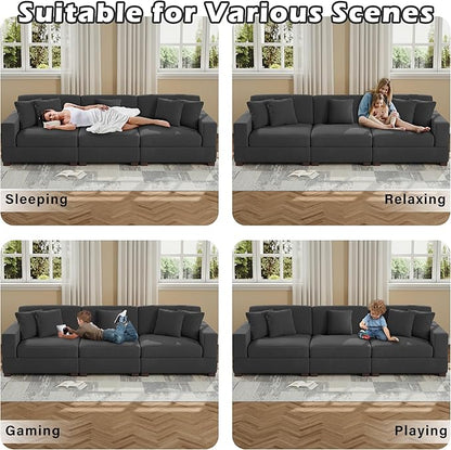 Modular Sectional Couches for Living Room, 118" Modern Upholstered 3-Seater Sofa Couche for Living Room Bedroom, Grey