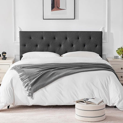 Linen Upholstered Headboard Full Size, Modern Diamond Tufting Solid Wood Full XL Headboard Only, Adjustable Height from 37” to 51” Head Board, Bed Frame or Wall Mount Headboards, Dark Grey