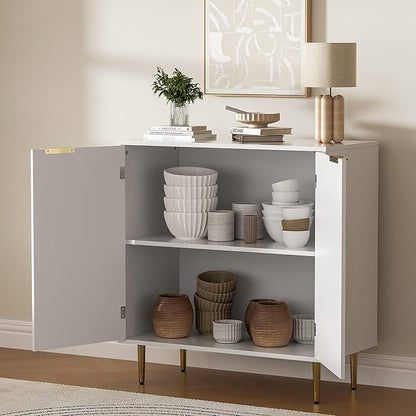 Buffet Sideboard Cabinet [Set of 2] with 4 Doors, Modern Cabinet with with Adjustable Shelf, Golden Handles & Legs, Coffee Bar Sideboard for Kitchen, Living Room, White