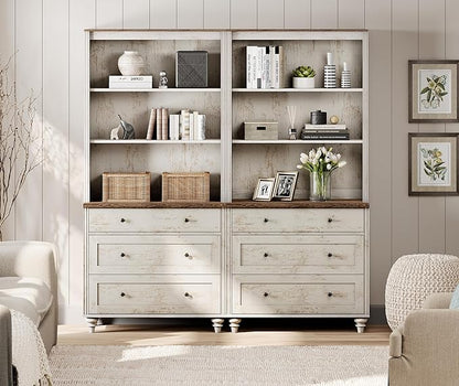 WAMPAT 3 Tier Bookshelf with 3 Drawers, 72" Tall Bookcase Large Farmhouse Display Book Case Shelf with 3-Tier Open Book Shelfs，Library Wood Bookshelves for Living Room,Kitchen, Rustic White (2PCS)