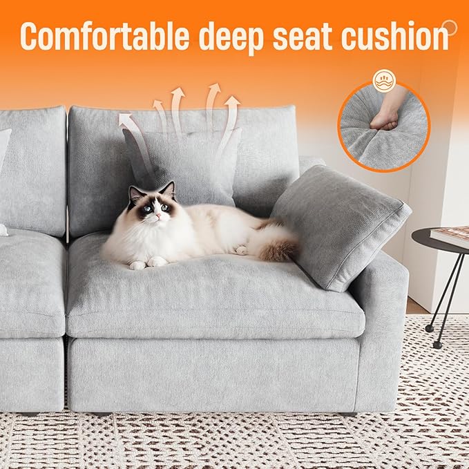 Oversized Modular Sectional Sofa with Chaise,192inch Cloud Couch Deep Seat Sofa Cushion Covers Removable, Down Filled Linen 9 Seater Sectional Couches for Living Room, Gray