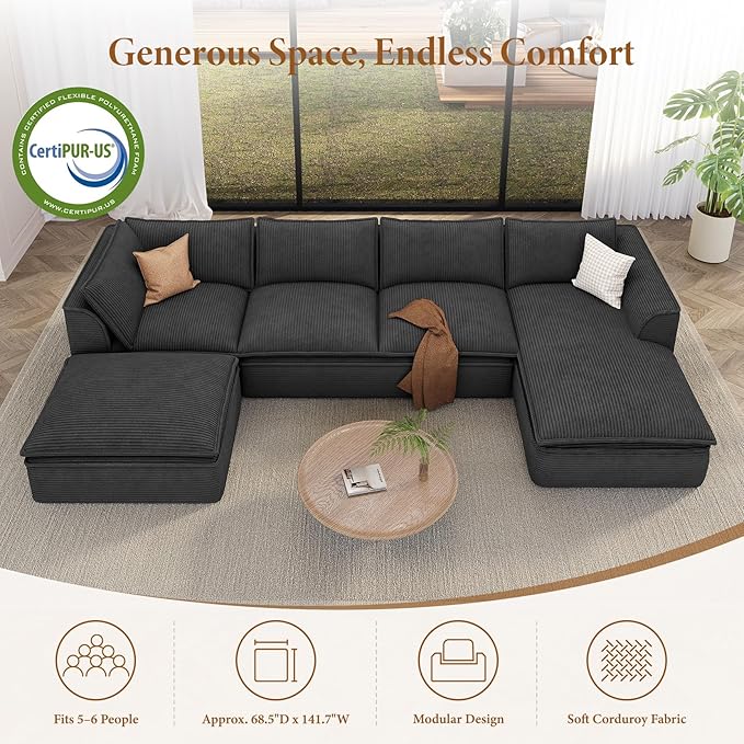 Vesgantti 141.7" U Shaped Boneless Sectional Couch, Modern 6 Seater Modular Sofa with Chaise & Ottoman, Deep Seat Convertible Corduroy Cloud Couches for Living Room, No Assembly Required, Black