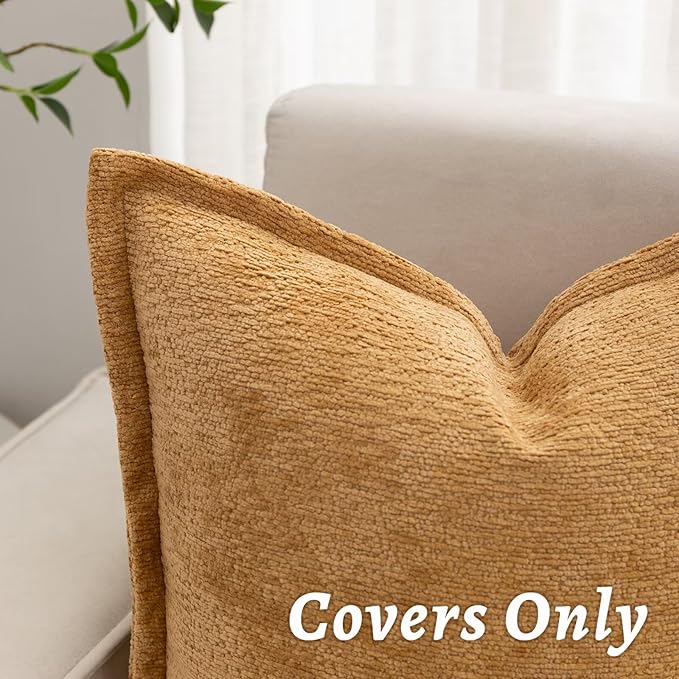 Mustard Yellow Decorative Throw Pillow Covers 16x16 Inch Set of 2 Cozy Soild Chenille Cushion Cases Soft Textured Square Couch Pillows Cover Boho Accent Farmhouse Pillowcases for Bed