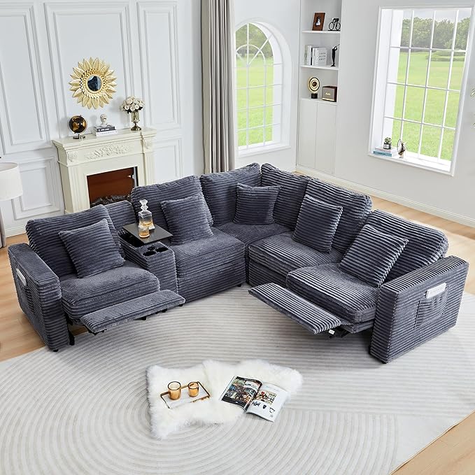 Power Reclining Sectional Sofa, Electric 3 Seat Recliner with 3 Electric Footrest and Adjustable Headrest, Modern Plush Corduroy Fluffy Reclining Sectional with Deep Seat for Living Room-Blue Grey