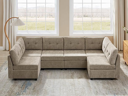VANOMi 6 Seat Modular Cloud Sofa, 118" Convertible Sectional Cloud Sofas & Couches for Living Room, Comfy Chenille Sectional Couch Sofa for Living Room, Apartment, Office, Camel, L/U Shaped