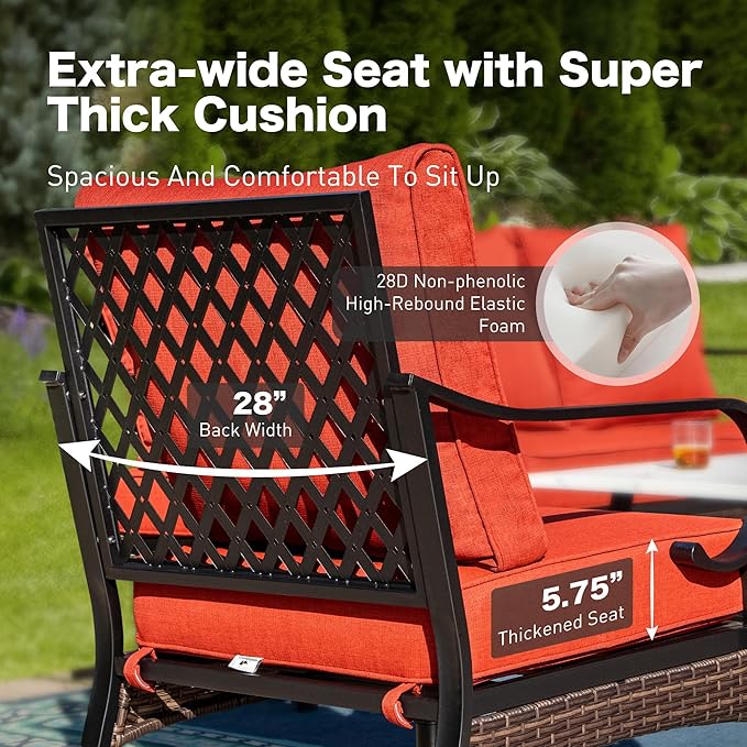 6 Piece Metal Outdoor Patio Furniture Set, Patio Conversation Set with Rocking Chair and 5.75" Thick Cushion & Coffee Tabl, Outdoor Seating Black Frame Backyard Furniture, Rust Red