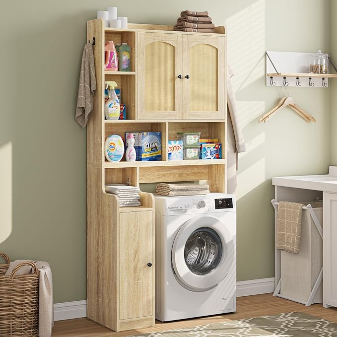 Itaar Over The Toilet Storage Cabinet, Farmhouse Rattan Bathroom Cabinet, Over Toilet Bathroom Organizer with Rattan Barn Doors & Toilet Paper Holder Stand, for Restroom, Laundry
