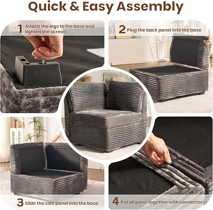 130'' Modern Modular Sectional Sofa with Ottoman, 7 Pieces L Shaped Cloud Couch for Living Room, Oversized Deep Seat Convertible Sofa Set, Plush Corduroy Gray