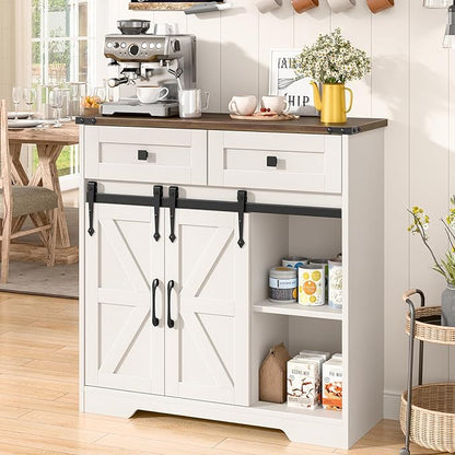 Farmhouse Storage Cabinet, Bathroom Cabinet with 2 Sliding Barn Doors, Floor Storage Cabinets with Adjustable Shelves and 2 Drawers for Kitchen, Living Room, Dining Room, White