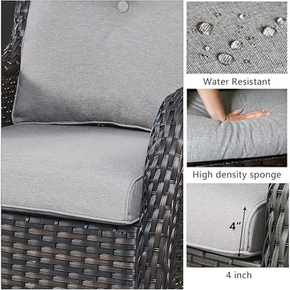HUMMUH Patio Furniture with Fire Pit 4-Piece Wicker Outdoor Sectional Couch and Swivel Rocking Chairs, Propane Fire Pit Conversation Set for Garden, Backyard, Deck