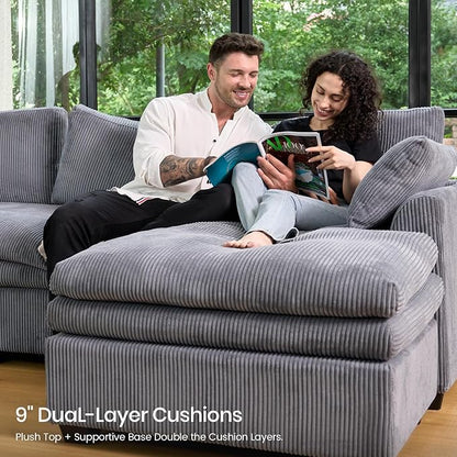Belffin Large Modular Sectional Sofa with Double Deep Chaise, 135" Corduroy U Shaped Sectional Couch with 9" Soft Dual-Layer 6 Seats U Shaped Couch for Living Room, Apartment, Light Grey