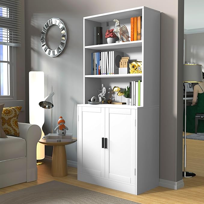 75" Tall Bookcase with Doors, 5 Tier Large Bookshelf with Cabinet, Standing Wood Display Book Shelf for Living Room, Office, Library with Doors, White