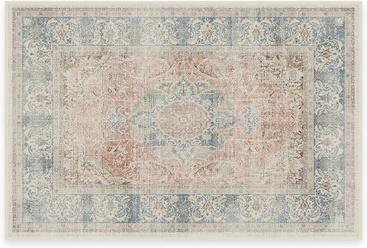 RUGGABLE Washable Vintage Area Rug – Sarrah Coral 2x3, Stain-Resistant, Non-Slip – Small Machine Washable Rugs for Living Room, Bedroom, Hallway, Entryway & Bathroom–with Cushioned Pad