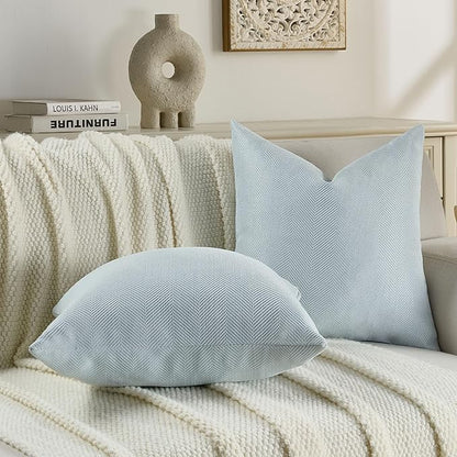FUTEI Light Blue Chenille Throw Pillow Covers 18x18 Inch Set of 2,Soft Wide Chevron Textured Cushion Case,Farmhouse Home Decor for Couch Bed Living Room