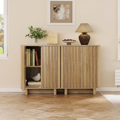 LukeAlon Fluted Sideboard Cabinet with Storage, Farmhouse Boho Accent Buffet Cabinet, 31.5" Height Wooden Small Credenza Cabinets for Living Room Dining Room Entryway Hallway, Natural Wood Color