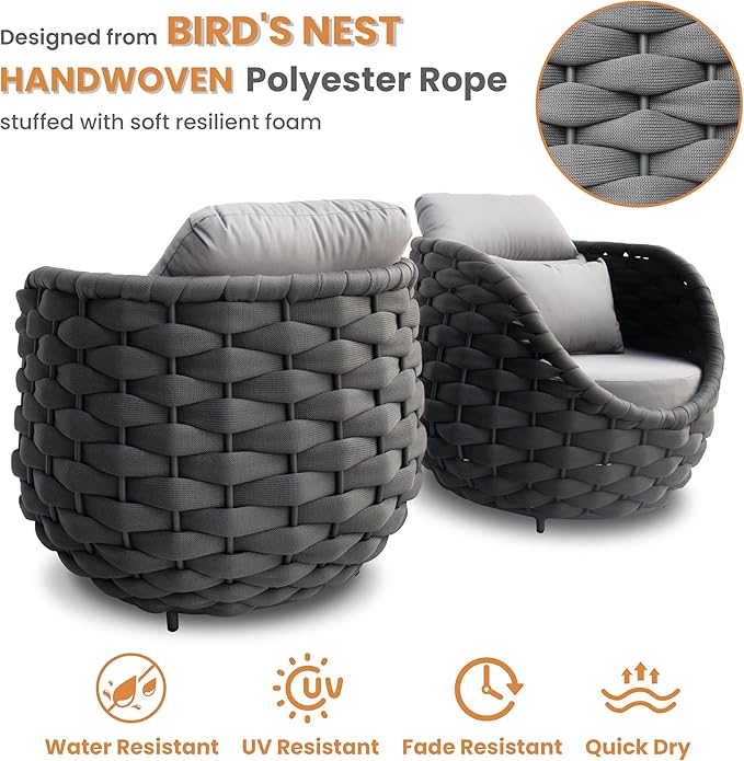 3 Pieces Balcony Seating Set: Aluminum Woven Rope Patio Chair Furniture Set - All Weather Metal Outdoor Conversation Set - Assembled Armchair with Table for Bistro Deck Porch Apartment Hotel