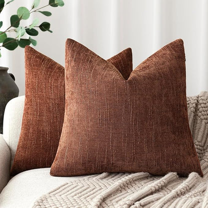 Foindtower Pack of 2 Soft Textured Chenille Throw Decorative Pillow Covers Square Accent Solid Cushion Cover Cozy Neutral Farmhouse Pillow Case for Couch Sofa Bedroom Living Room 22x22 Inch,Red Taupe