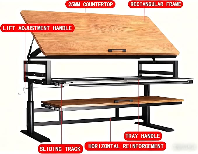 Studio Desk with Keyboard Tray | Hand-Crank Adjustable Standing Desk Workstation for Music Production, Cable Management, MIDI Keyboard Shelf (Natural, 70in)