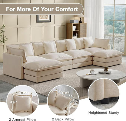 Modular Sectional Sofa, 146.5 Inch U-Shaped Cloud Sofa with Deep Seat Chenille Sofa with Cushions, Four Seater Sectional Sofa for Living Room Apartment,Light Coffee