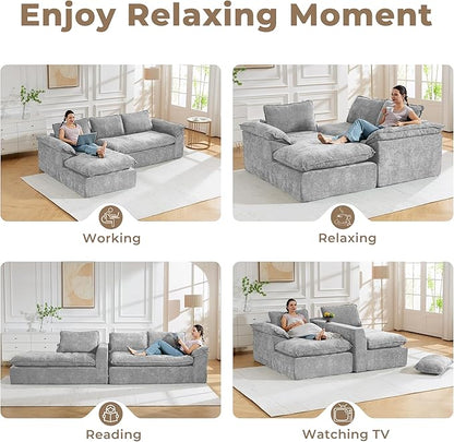 Modular Sectional Sofa, 107.5" L-Shaped Boneless Couch with Deep Seat, Modern Minimalist Upholstered Cloud Sectional Couch for Living Room Bedroom, No Assembly Required, Light Gray Chenille