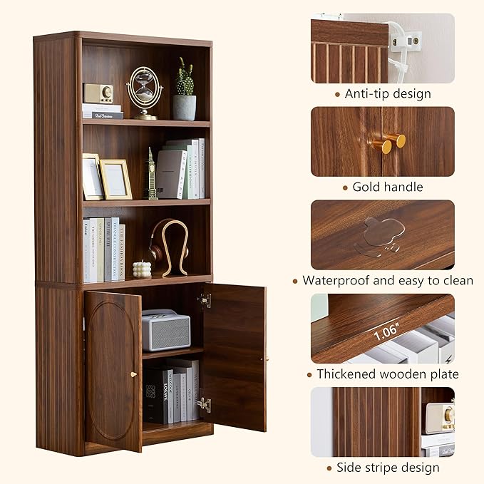 70.8" Tall Fluted Bookshelf with Storage Cabinet, Modern 5-Tier Wood Bookcase with Open Display Storage Shelf, Gold Handles for Office Living Room (Walnut)