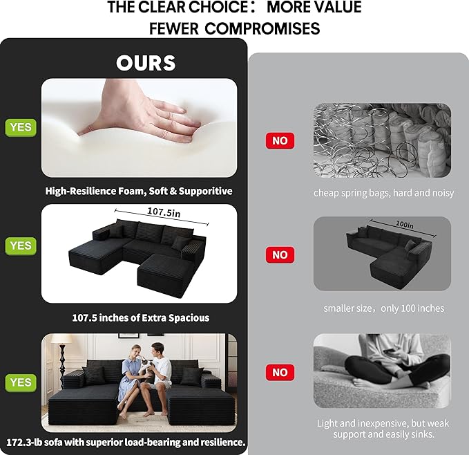 107.5" Cloud Sectional Couch with 1 Ottoman,Modern Modular Sofa with Deep Seat, Comfort U Shaped Sofa Couches for Living Room Bedroom Apartments,No Assembly Required, (Black,Left Facing Chaise)