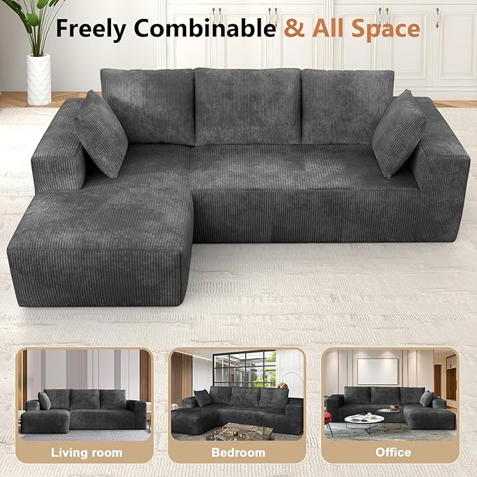 108” Cloud Sectional Couch, Modular Sectional Sofa with Deep Seat, Corduroy Boneless Couches with Chaise for Living Room Bedroom, No Assembly Required