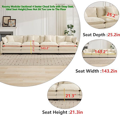 Aoowow Modular Sectional 4 Seater Cloud Sofa Couch for Living Room,149.6" Cloud Sofas with Deep Seat,Modern Chenille 4 Seat Sofas,Fluffy Cloud Couches for Bedroom,Office,Hotel (Beige, 4 Seater)