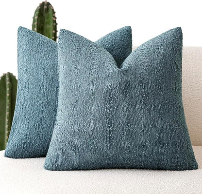 Foindtower Pack of 2 Textured Boucle Throw Pillow Covers Accent Solid Pillow Cases Cozy Soft Decorative Couch Cushion Case for Chair Sofa Bedroom Living Room Home Decor 18x18 Inch Misty Blue