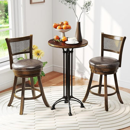 COSTWAY 25” Swivel Counter Height Barstools Set of 4, Rubber Wood Bar Stools with Rattan Backrest, Footrest, Upholstered Leathaire Armless Chairs for Kitchen Island, Pub, Brown (4, 25” Seat Height)