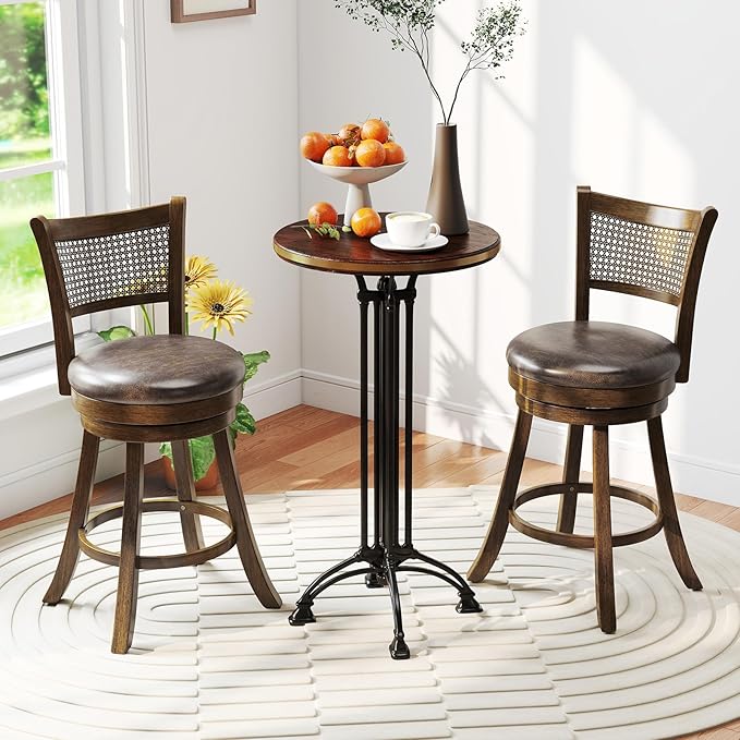 COSTWAY 25” Swivel Counter Height Barstools Set of 2, Rubber Wood Bar Stools with Rattan Backrest, Footrest, Upholstered Leathaire Armless Chairs for Kitchen Island, Pub, Brown (2, 25” Seat Height)