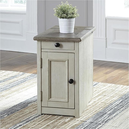 Signature Design by Ashley Bolanburg Farmhouse Chair Side End Table, 2 USB Ports, Pull-out Tray, Wood, 14" W x 24.25" D x 23" H, Antique Cream & Brown