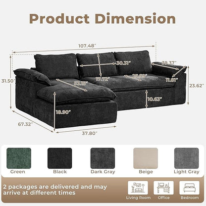 Modular Sectional Sofa, 107.5" L-Shaped Boneless Couch with Deep Seat, Modern Minimalist Upholstered Cloud Sectional Couch for Living Room Bedroom, No Assembly Required, Black Chenille