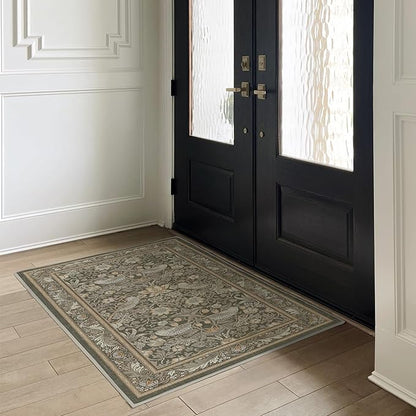 RUGGABLE x Morris & Co Machine Washable Area Rug – Strawberry Thief Stone Gold 4x6, Stain-Resistant, Non-Slip – Medium Rugs for Living Room, Bedroom, Hallway, Entryway & Office–with Cushioned Pad