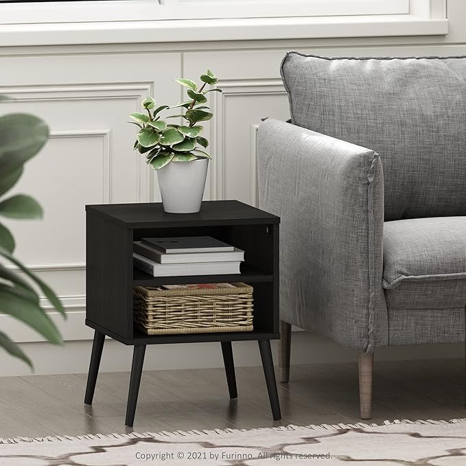 Furinno Claude Side Table, 2-Tier Square End Table with Wooden Legs, Open Shelf Night Stand, Bedside Table, for Living Room, Bedroom, Espresso