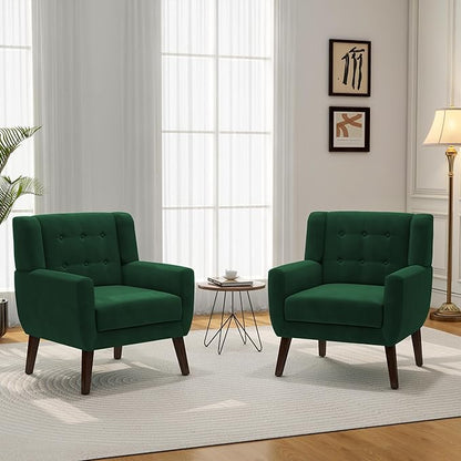 Accent Chair, Modern Velvet Arm Chair for Living Room, Bedroom, Comfy High-Resilient Sponge Reading Chair for Small Spaces （Velvet Retro Green, Set of 2