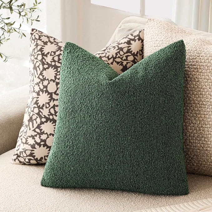 Foindtower Pack of 2, Decorative Textured Boucle Throw Pillow Covers Neutral Accent Solid Pillow Cases Soft Couch Cushion Case for Chair Sofa Bedroom Living Room Home Decor 22x22 Inch Pine Green