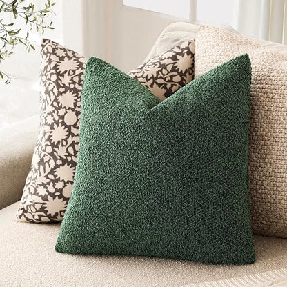 Foindtower Pack of 2, Decorative Textured Boucle Throw Pillow Covers Neutral Accent Solid Pillow Cases Soft Couch Cushion Case for Chair Sofa Bedroom Living Room Home Decor 22x22 Inch Pine Green