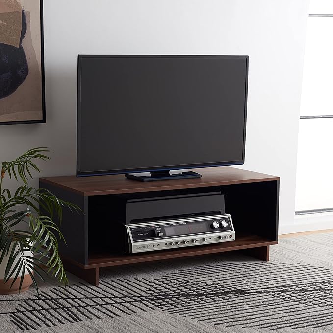 SAFAVIEH Merrick TV Stand for up to 45" Flatscreen – Walnut & Black, Open Shelf for Small Spaces & Apartments, Entertainment Media Console (MED9302A)